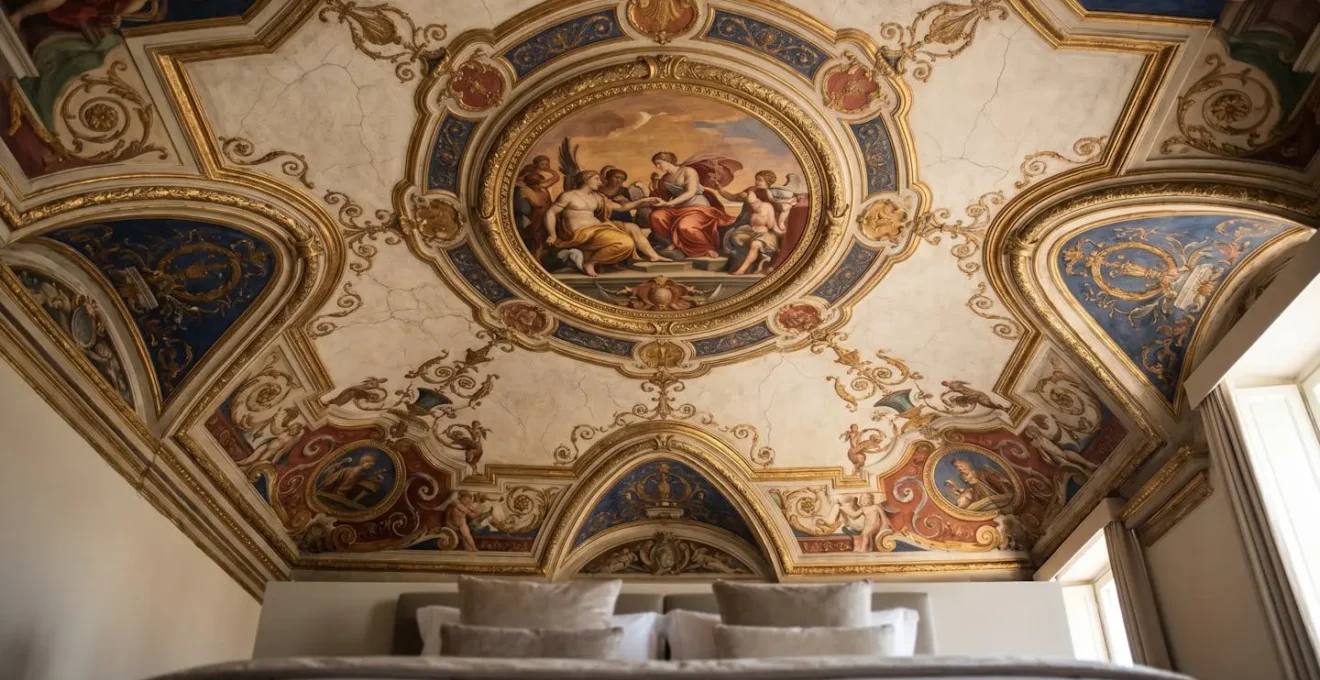 Soffitto affrescato originale del XVI secolo in una suite di palazzo storico con dettagli dorati e scene mitologiche