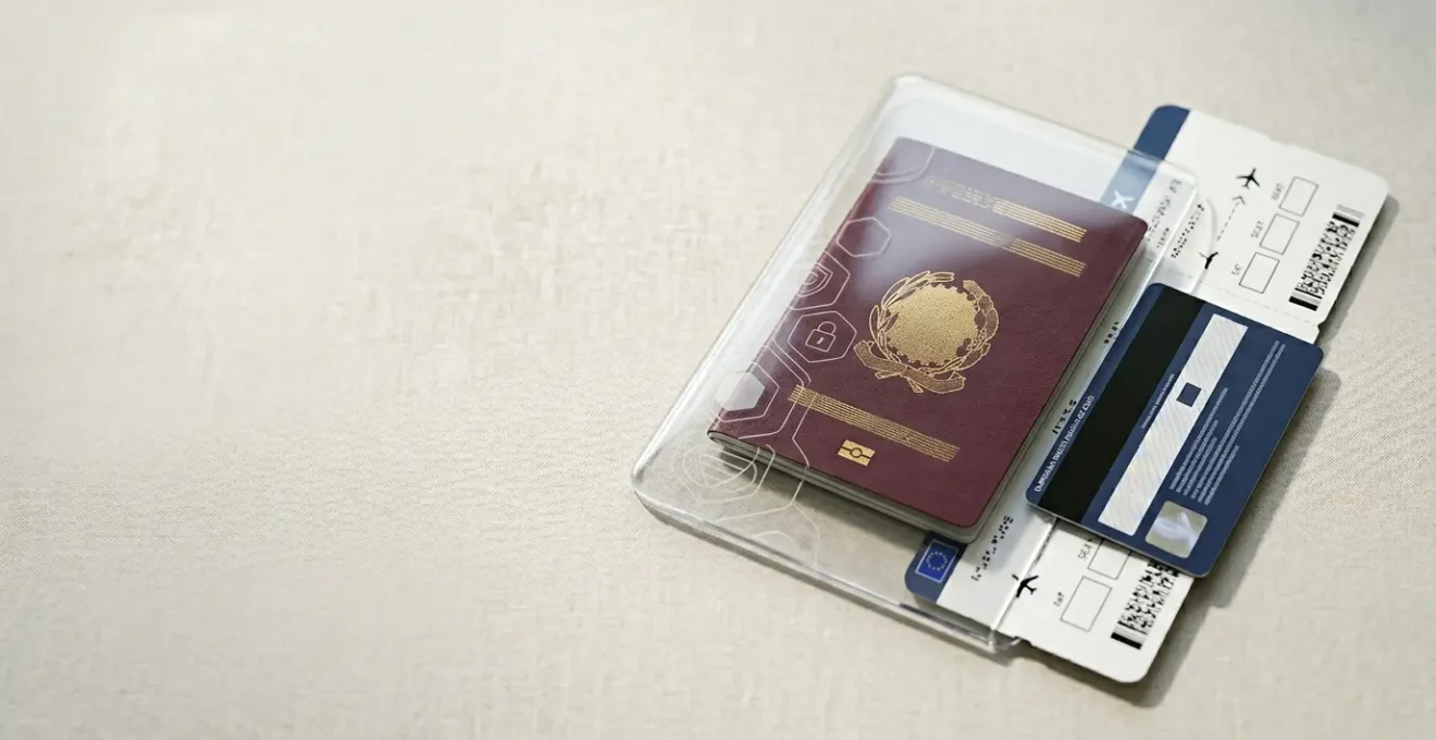 Documenti di viaggio europei con passaporto e tessera sanitaria in composizione minimalista