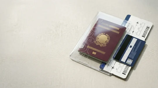 Documenti di viaggio europei con passaporto e tessera sanitaria in composizione minimalista