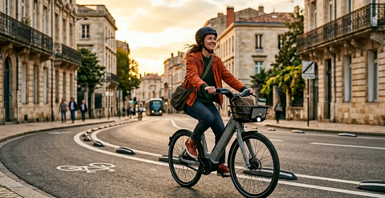 Ciclista in bicicletta condivisa che esplora una città europea con piste ciclabili moderne