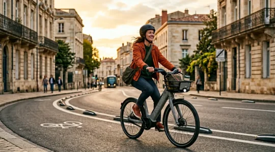 Ciclista in bicicletta condivisa che esplora una città europea con piste ciclabili moderne