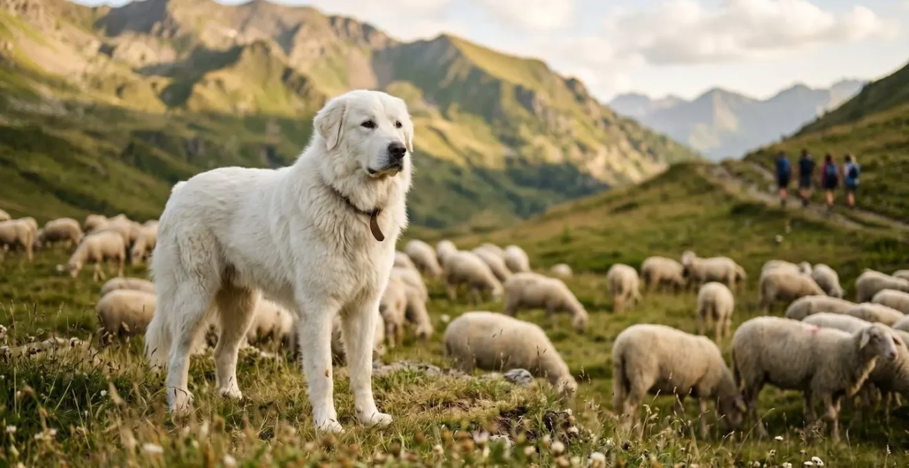 Cane da protezione Patou nei Pirenei con gregge di pecore su pascolo alpino