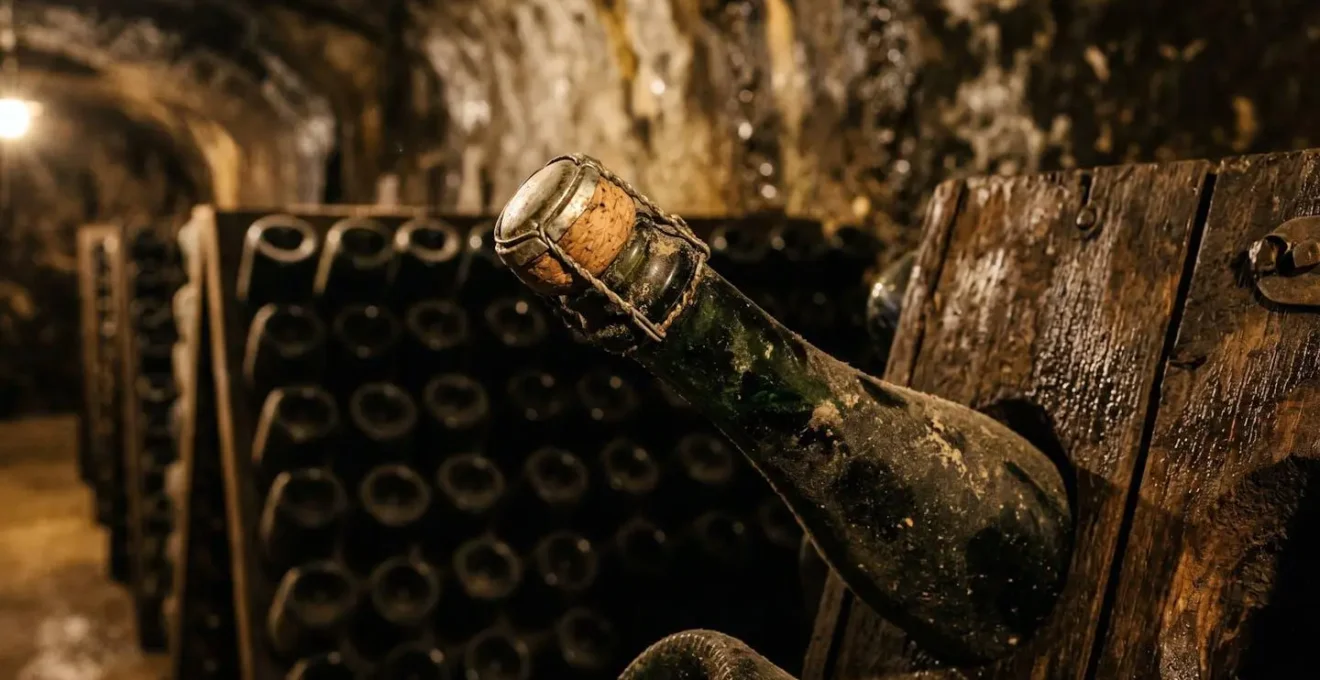 Cantine storiche sotterranee in Champagne con botti di legno e bottiglie in affinamento