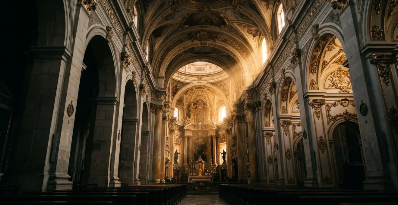 Interno di una chiesa barocca con luce naturale che penetra creando effetti drammatici e teatrali sulle decorazioni