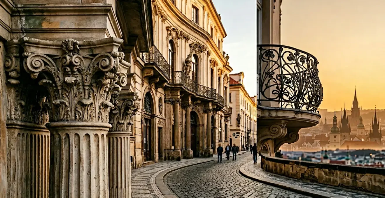 Architettura europea storica con dettagli artistici di diversi movimenti culturali