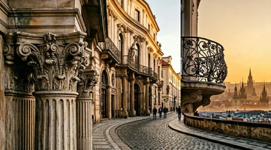 Architettura europea storica con dettagli artistici di diversi movimenti culturali