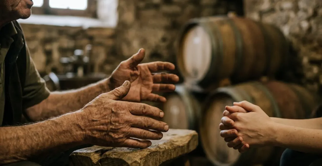 Scena di interazione autentica tra visitatore e produttore artigianale in ambiente di produzione
