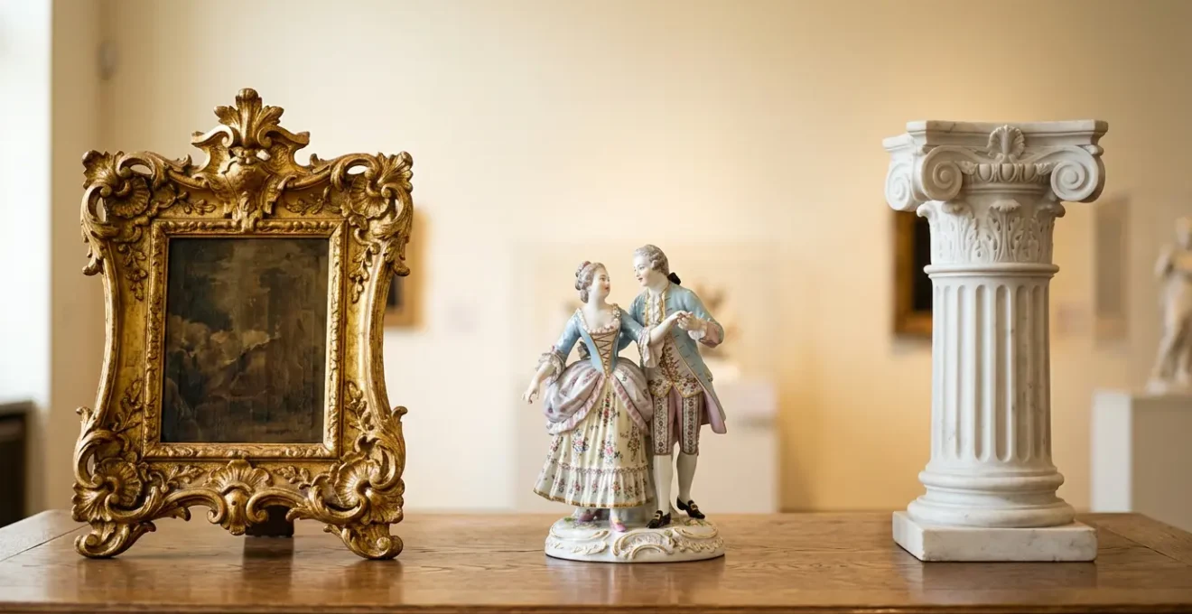 Composizione visiva che rappresenta l'evoluzione degli stili artistici europei attraverso elementi architettonici e decorativi simbolici