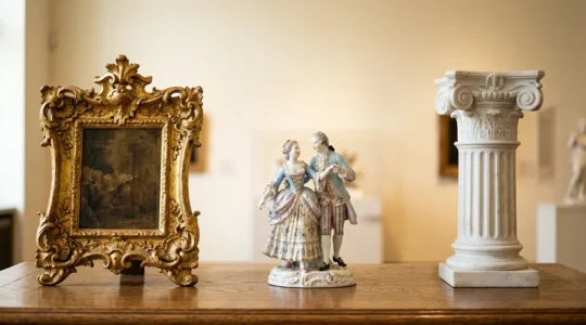Composizione visiva che rappresenta l'evoluzione degli stili artistici europei attraverso elementi architettonici e decorativi simbolici