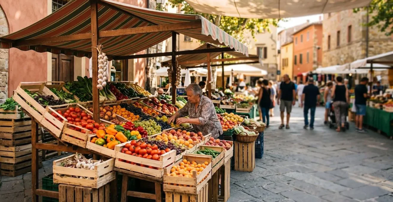 Bancarella di mercato tradizionale europeo con prodotti freschi e prezzi accessibili