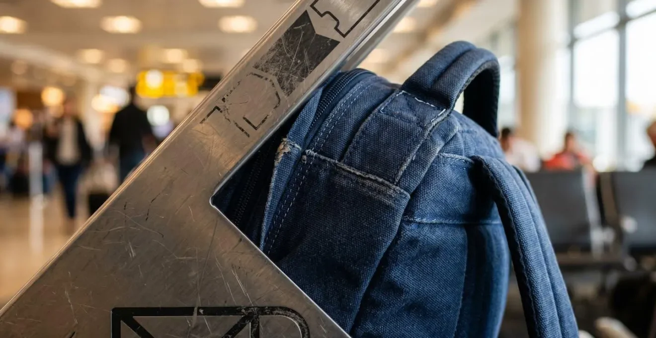 Primo piano di uno zaino compatto che viene misurato al gate di imbarco