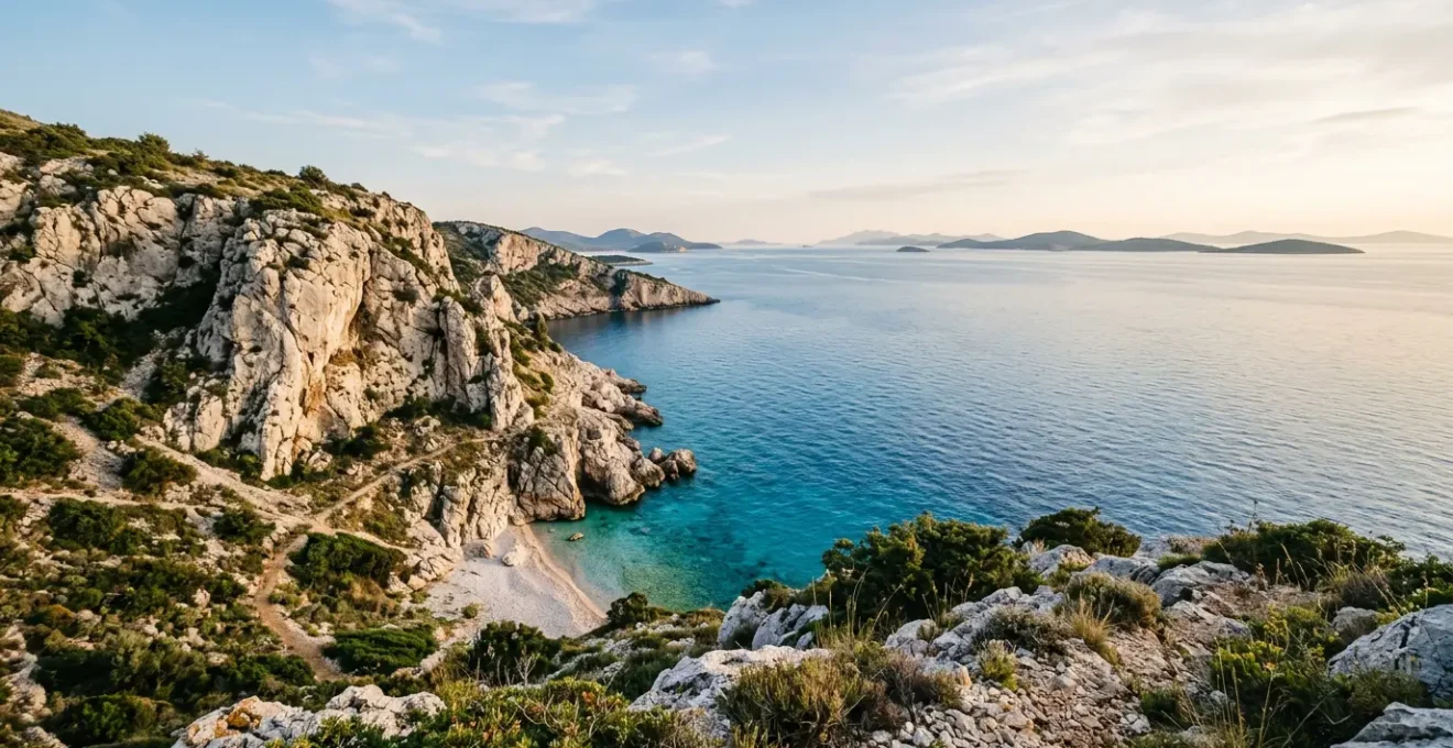 Vista drammatica delle scogliere rocciose della costa croata con acque cristalline turchesi, accessibile solo via mare