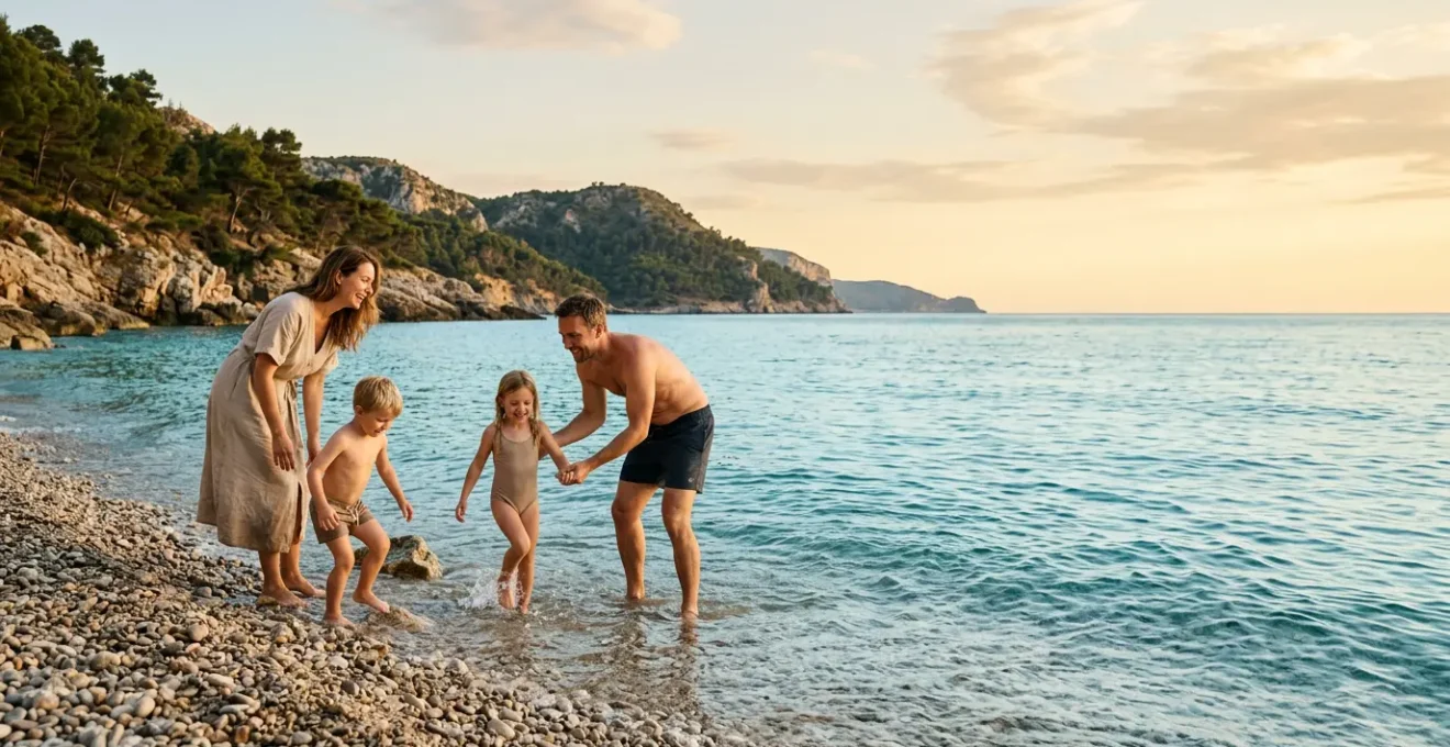 Famiglia che si gode una spiaggia tranquilla europea con acque cristalline