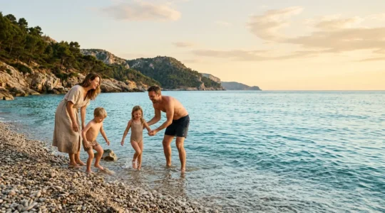 Famiglia che si gode una spiaggia tranquilla europea con acque cristalline
