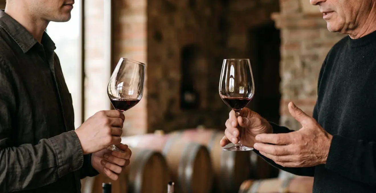 Momento intimo di degustazione vino tra produttore e visitatore in cantina tradizionale