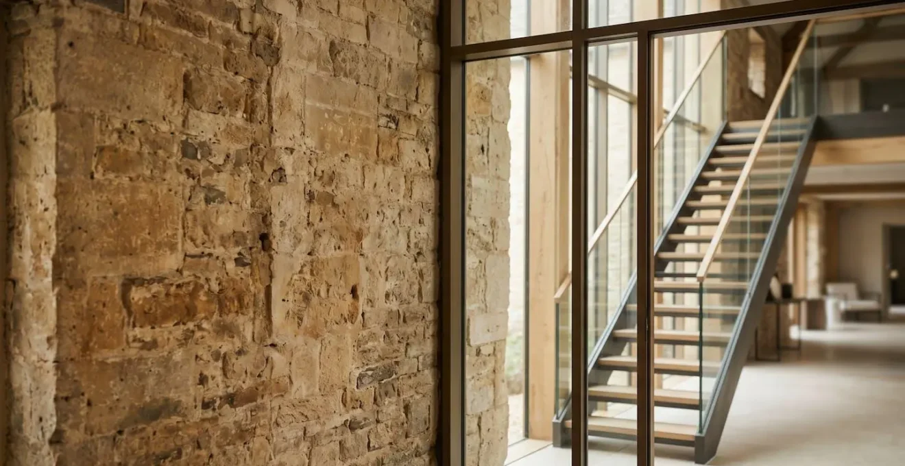 Contrasto architettonico tra pietra antica e elemento moderno in vetro, dettaglio di ristrutturazione rispettosa