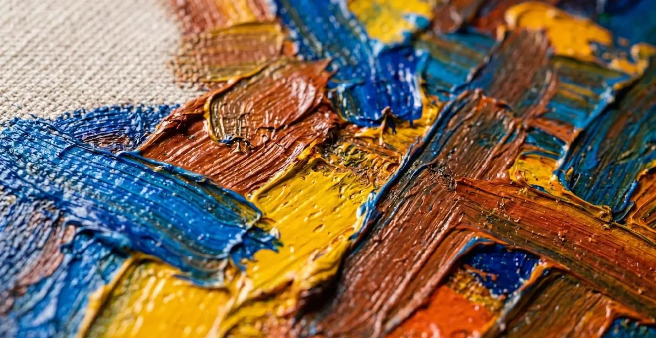 Macro dettaglio estremo di pennellate di pittura a olio su tela, mostrando la texture materica e i colori stratificati