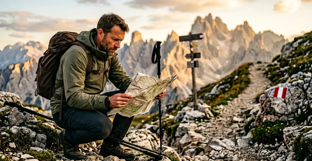 Escursionista esperto che consulta mappa topografica davanti a bivio di sentieri di montagna in paesaggio alpino europeo