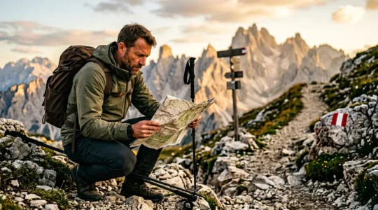 Escursionista esperto che consulta mappa topografica davanti a bivio di sentieri di montagna in paesaggio alpino europeo