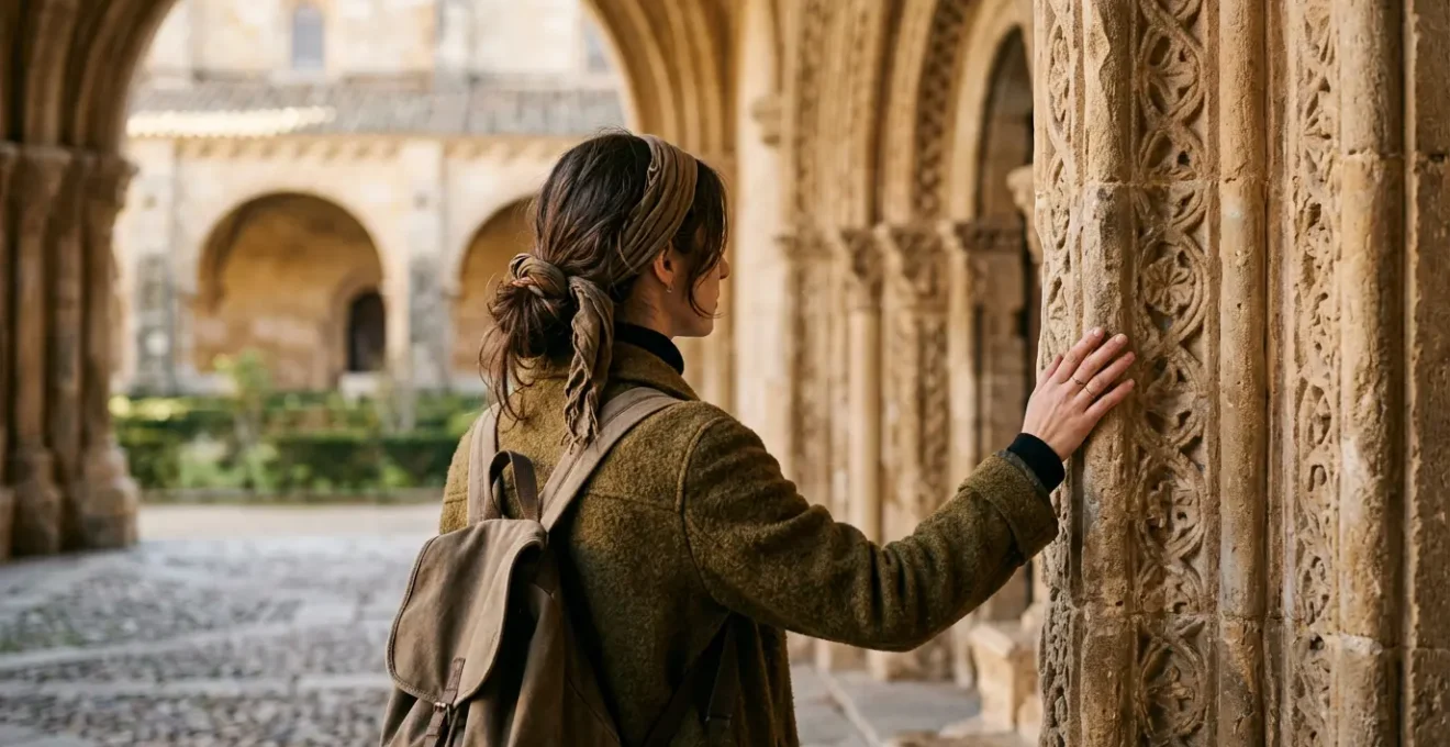 Viaggiatore contemplativo che osserva attentamente i dettagli architettonici durante una visita culturale in Europa