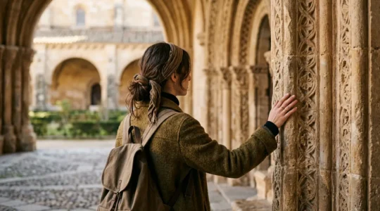 Viaggiatore contemplativo che osserva attentamente i dettagli architettonici durante una visita culturale in Europa