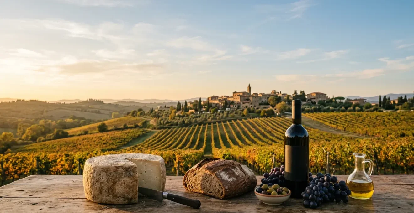 Paesaggio europeo collinare con vigneti dorati al tramonto e prodotti tipici locali