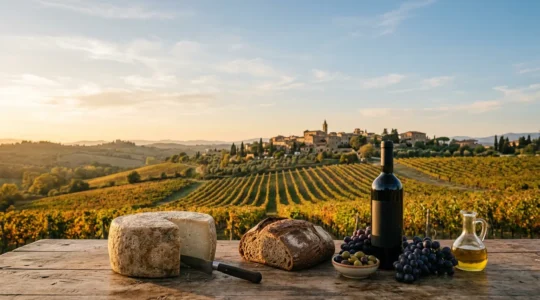 Paesaggio europeo collinare con vigneti dorati al tramonto e prodotti tipici locali