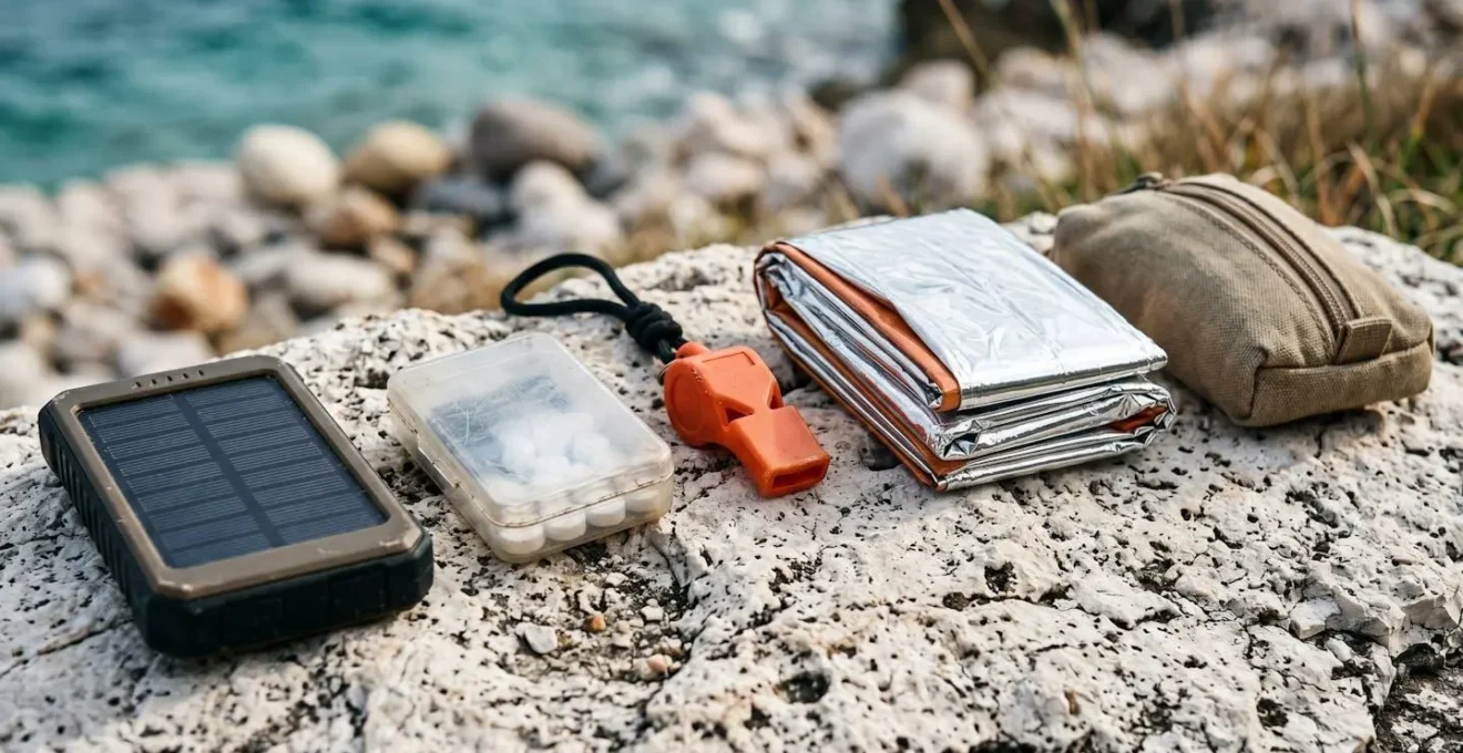 Primo piano ravvicinato di attrezzatura di sicurezza per escursioni costiere disposta su roccia calcarea croata