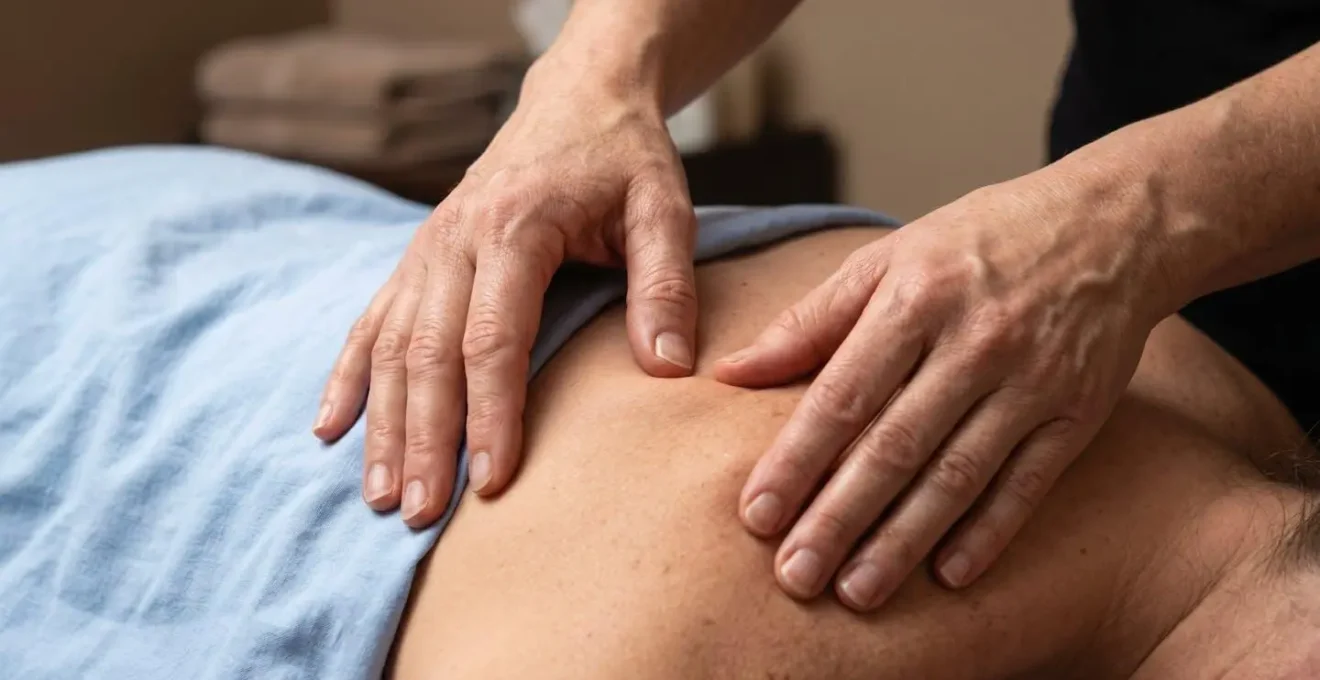 Dettaglio ravvicinato di mani professionali durante massaggio terapeutico su schiena, focus su tecnica e precisione