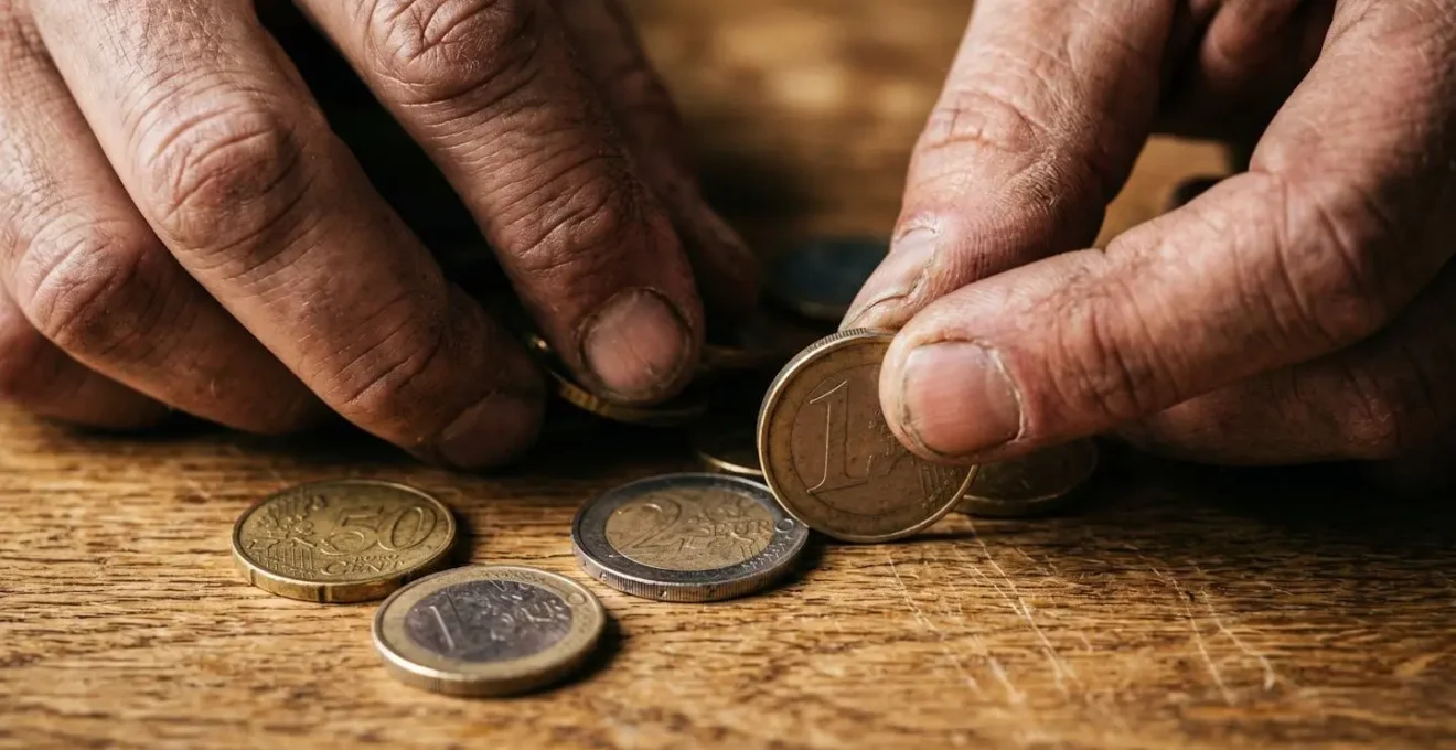 Primo piano di mani che contano monete euro su superficie di legno naturale