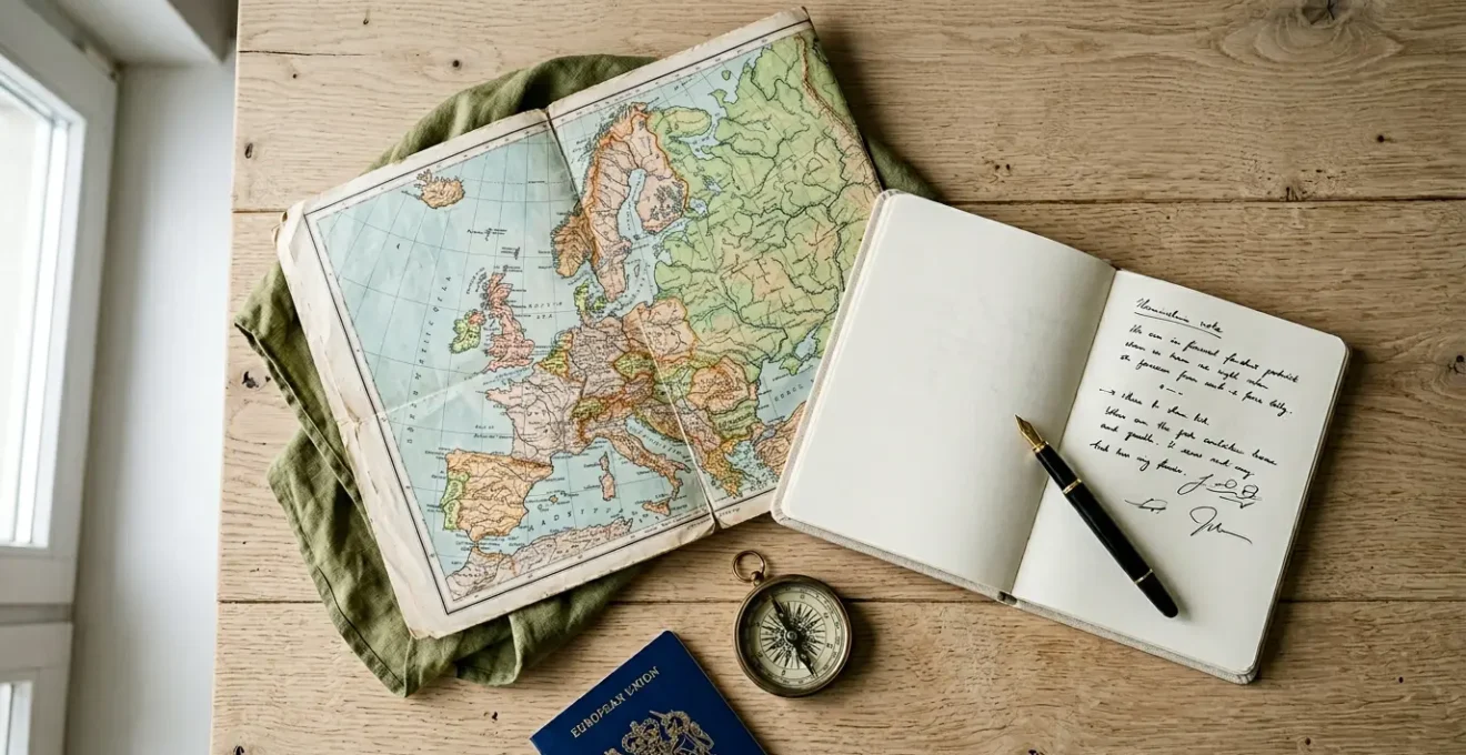 Preparazione meticolosa di un viaggio in Europa con mappe, documenti e pianificazione strategica