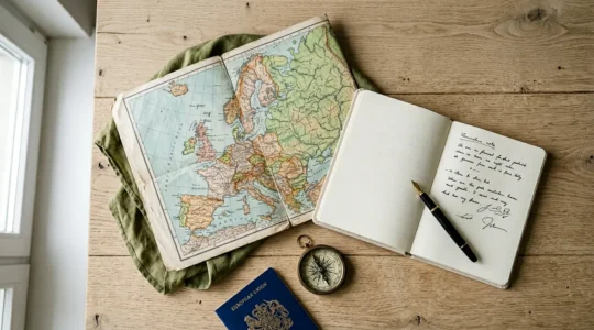 Preparazione meticolosa di un viaggio in Europa con mappe, documenti e pianificazione strategica