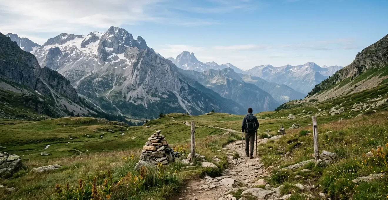 Escursionista su sentiero di montagna nei Pirenei con panorama alpino e natura protetta