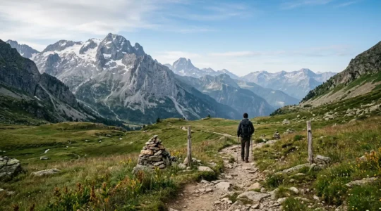 Escursionista su sentiero di montagna nei Pirenei con panorama alpino e natura protetta