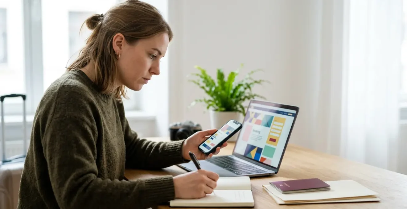 Viaggiatore che verifica con attenzione documenti e informazioni su dispositivo mobile prima di prenotare un alloggio in Europa