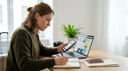 Viaggiatore che verifica con attenzione documenti e informazioni su dispositivo mobile prima di prenotare un alloggio in Europa