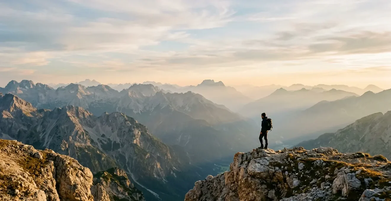 Escursionista che pianifica un'avventura in montagna europea con mappa e attrezzatura di sicurezza