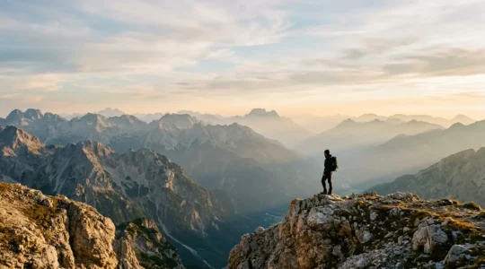 Escursionista che pianifica un'avventura in montagna europea con mappa e attrezzatura di sicurezza