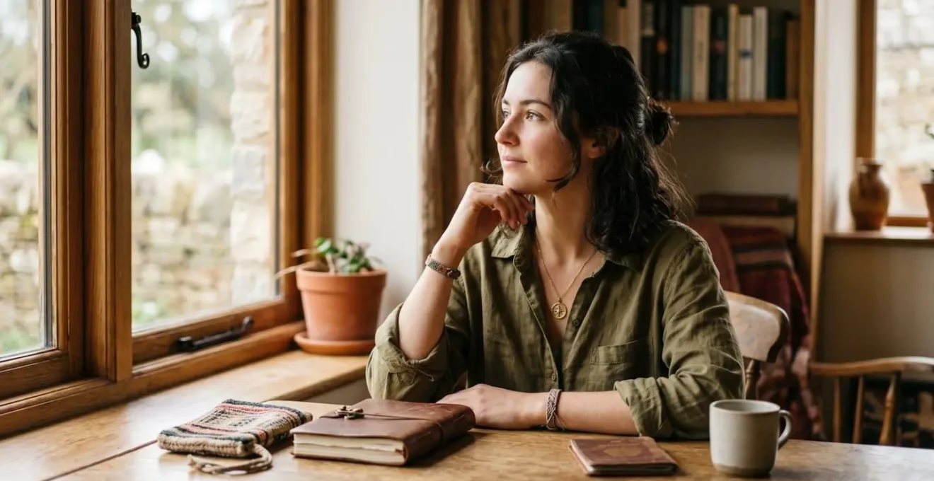 Persona in momento contemplativo di preparazione al viaggio in ambiente naturale e tranquillo, circondata da atmosfera di apprendimento e scoperta culturale