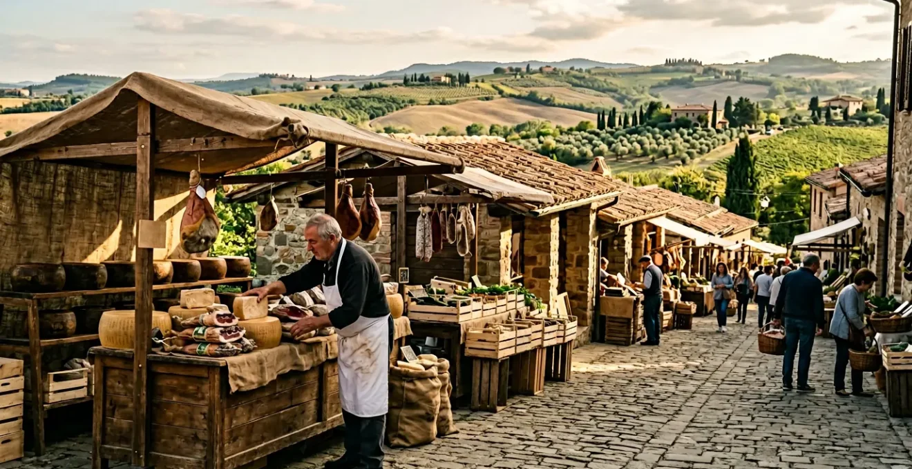 Mercato locale italiano con prodotti DOP artigianali e produttori tradizionali