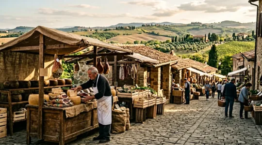 Mercato locale italiano con prodotti DOP artigianali e produttori tradizionali