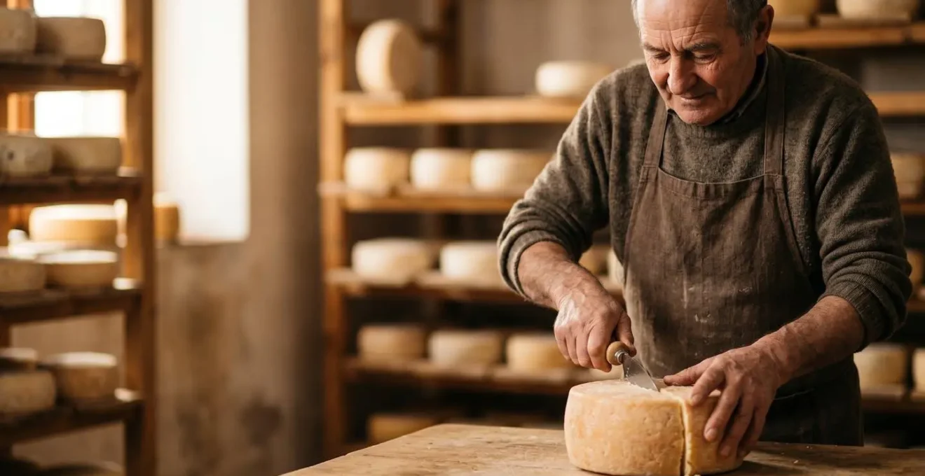 Produttore artigianale italiano durante una degustazione di formaggi in ambiente rurale