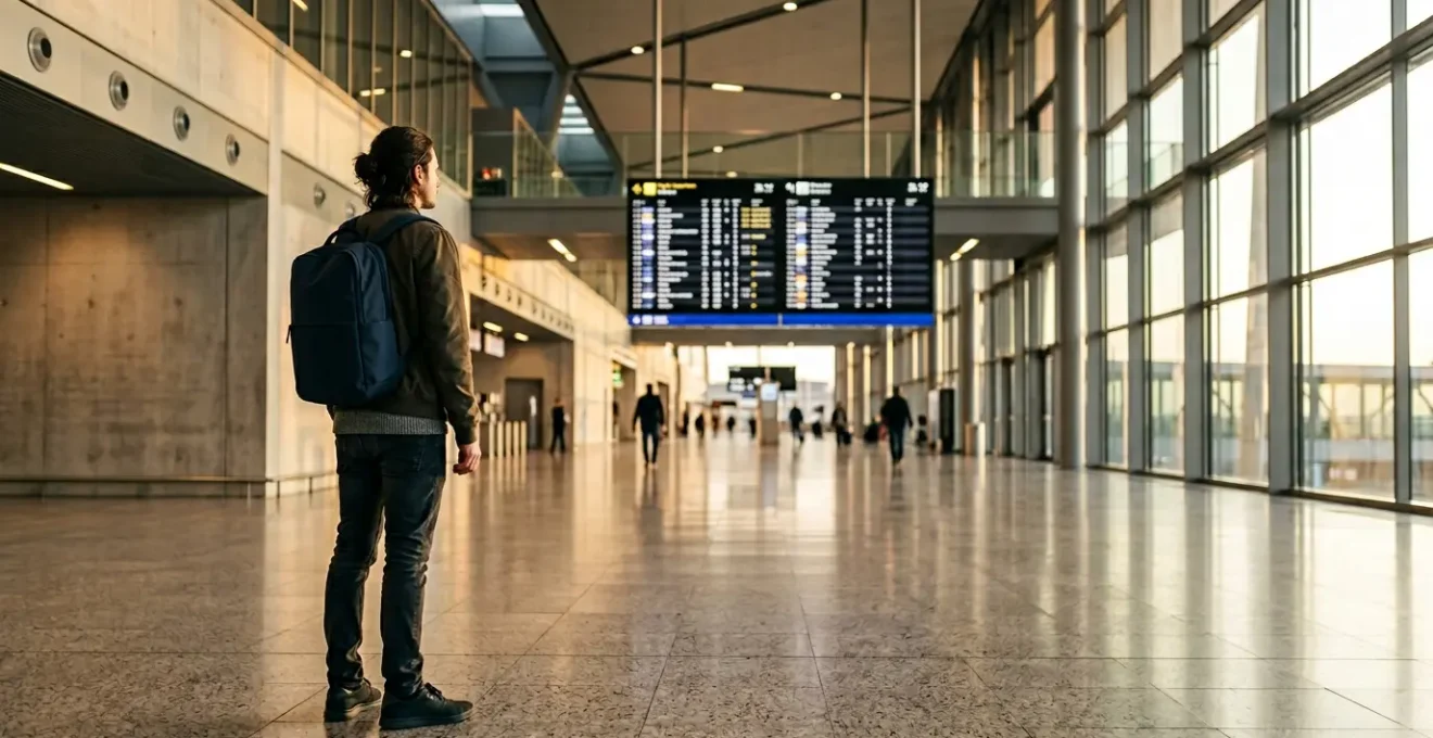 Viaggiatore con bagaglio a mano compatto in aeroporto europeo moderno