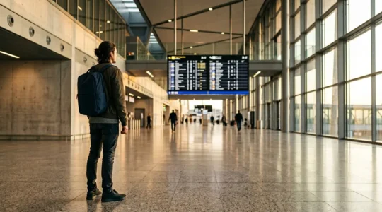 Viaggiatore con bagaglio a mano compatto in aeroporto europeo moderno