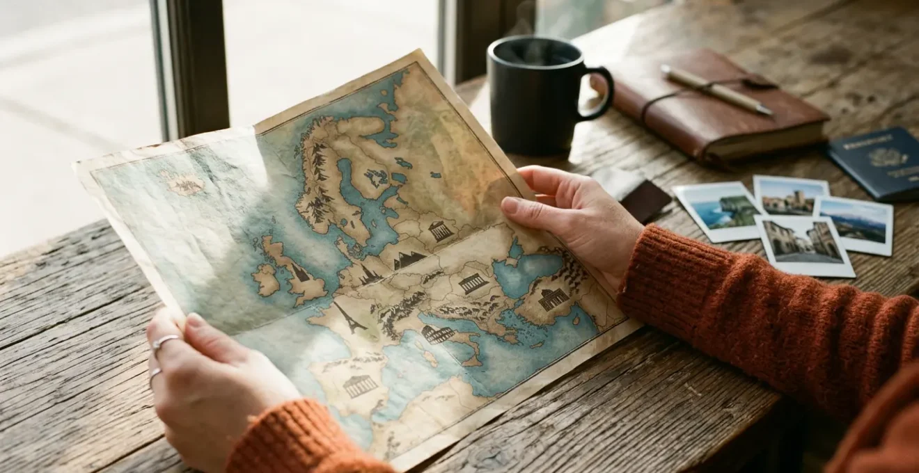 Viaggiatore contempla mappa europea con elementi iconici delle diverse destinazioni