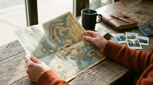 Viaggiatore contempla mappa europea con elementi iconici delle diverse destinazioni