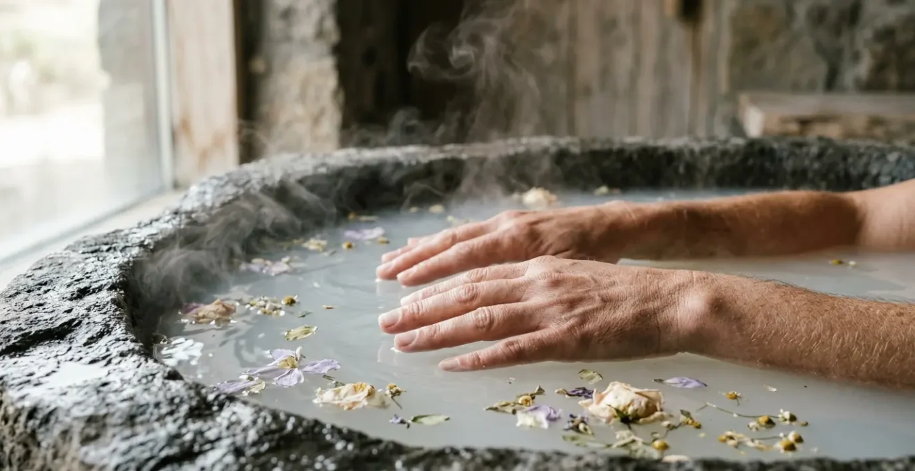 Mani che emergono da acqua termale fumante con petali naturali, ambiente spa minimalista europeo