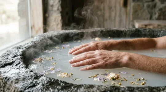 Mani che emergono da acqua termale fumante con petali naturali, ambiente spa minimalista europeo