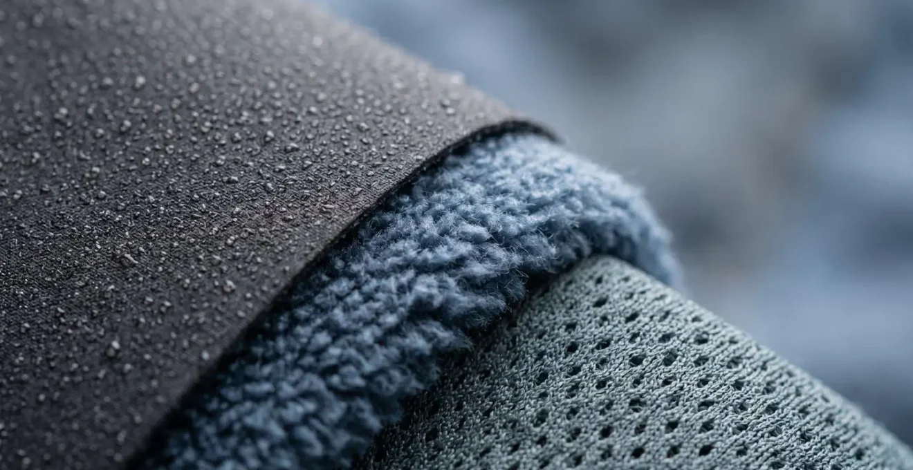 Dettaglio ravvicinato di tessuti tecnici stratificati per abbigliamento da montagna che mostra texture e proprietà dei materiali