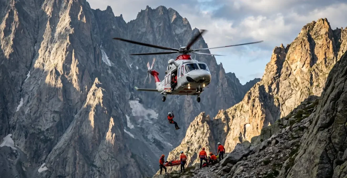 Scena drammatica di soccorso in montagna con elicottero in volo tra le vette alpine
